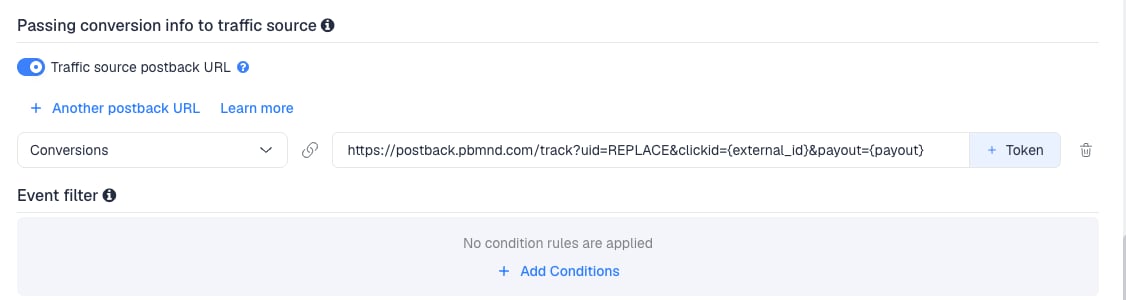 The Traffic source postback URL switched on, showing the Mondiad template's postback