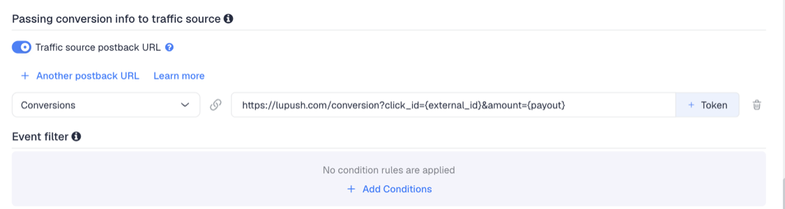 The Traffic source postback URL switched on, showing the Pushground template's postback