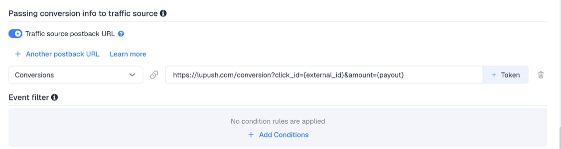 The Traffic source postback URL switched on, showing the Pushground template's postback