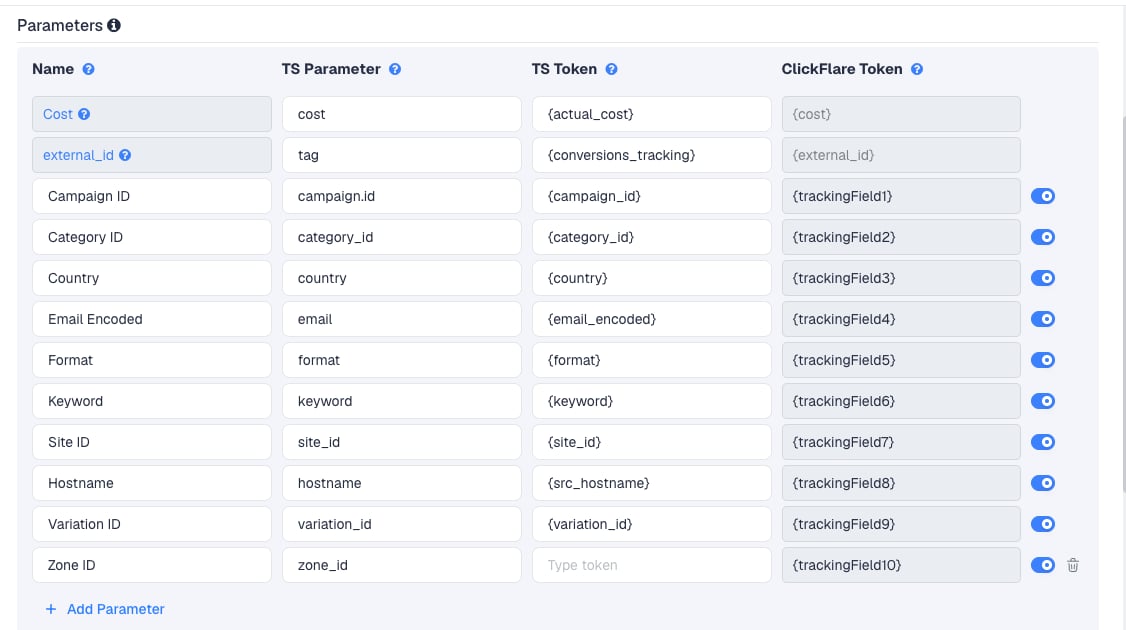The TrafficFactory template's Parameters table in ClickFlare, with TrafficFactory's macros pre-filled