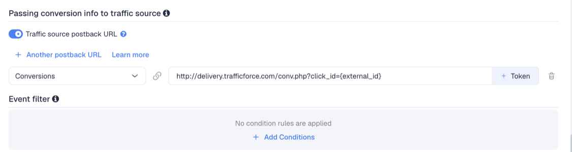 The Traffic source postback URL switched on, showing the TrafficForce template's postback