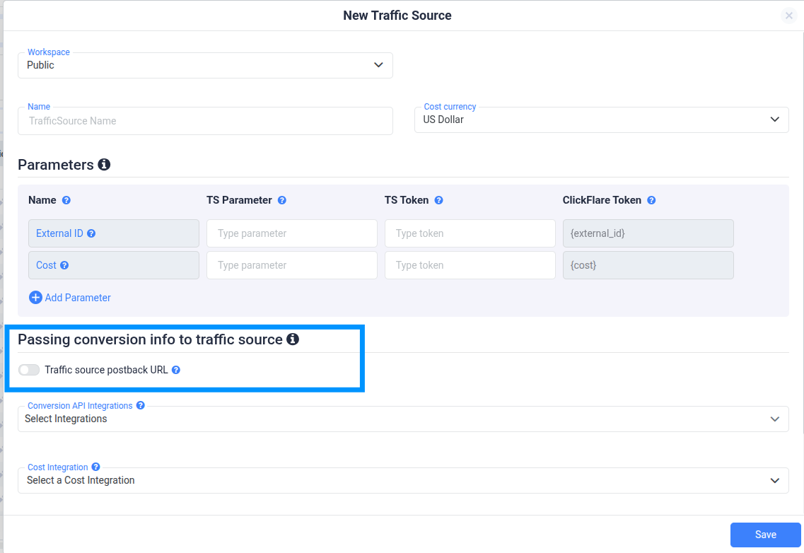 Toggle the switch to enable the traffic source postback or select the CAPI integration from the Conversion API…