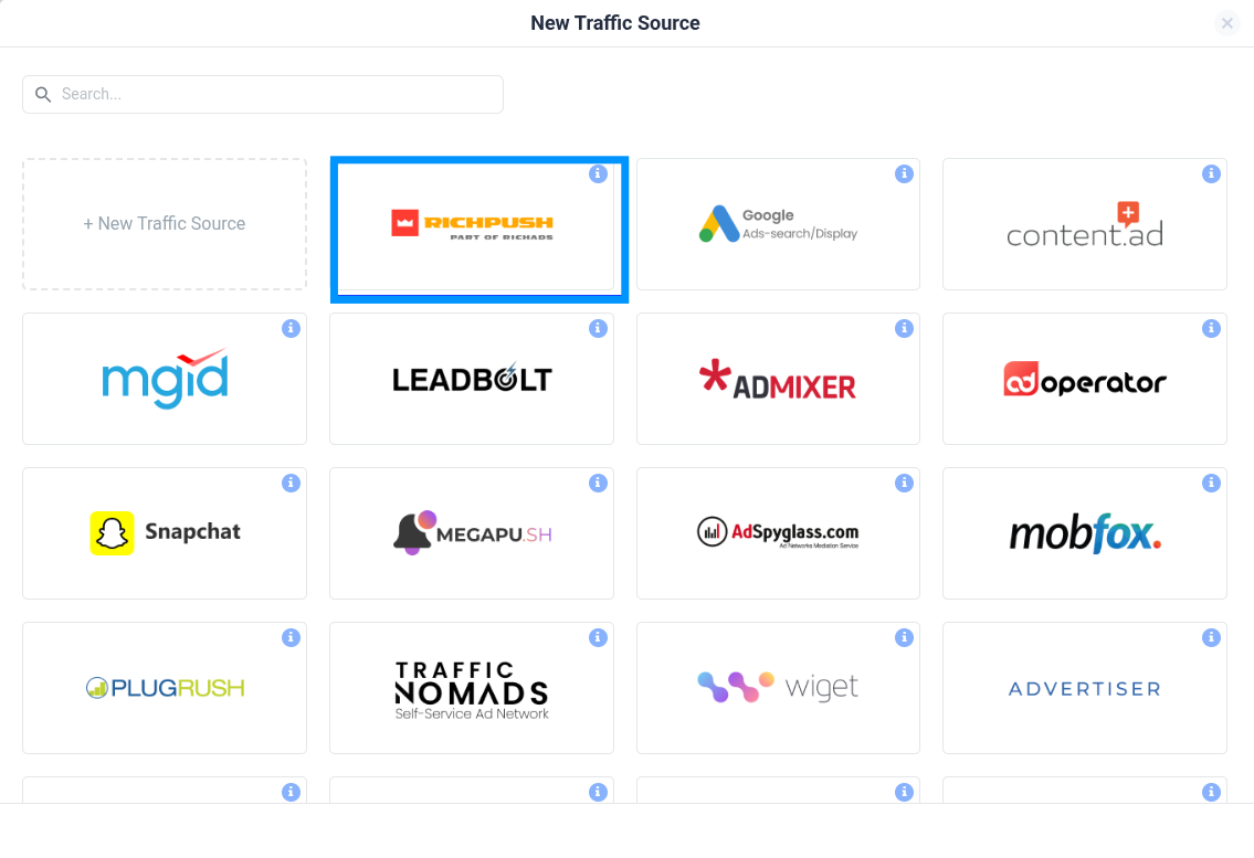 From the list of available templates, select the one that matches your traffic source (e.g., Facebook, TikTok, Taboola…