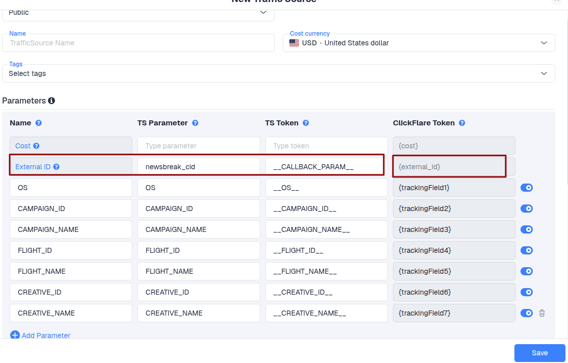 The {externalid} token is used to dynamically pass the traffic source click ID back in the postback URL