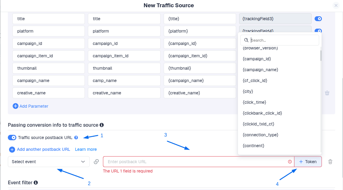 Use ClickFlare's tokens to populate the URL dynamically. Here's a common example