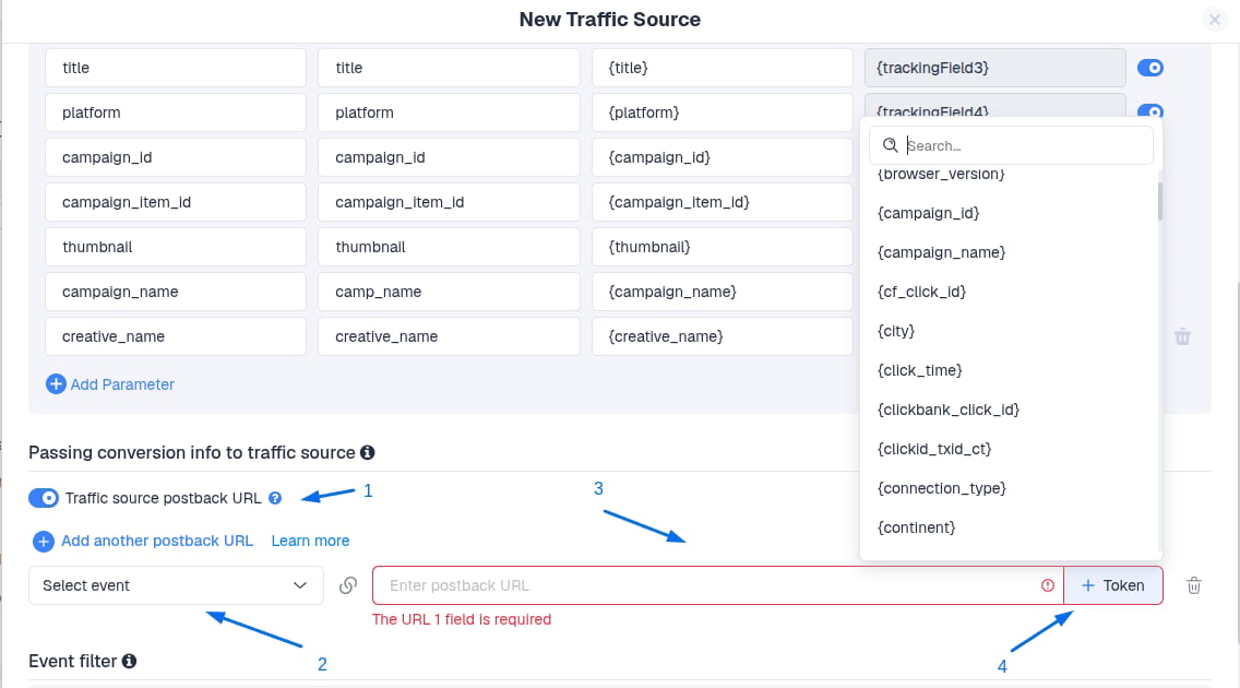 Use ClickFlare's tokens to populate the URL dynamically. Here's a common example