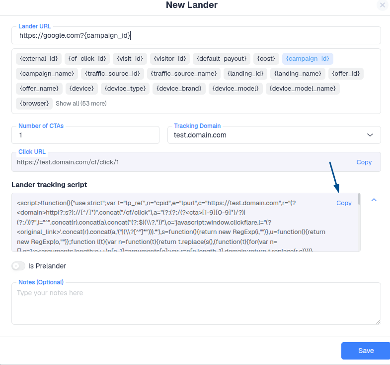 After selecting your tracking domain, copy your ClickFlare lander script and place it on your landing page right before…
