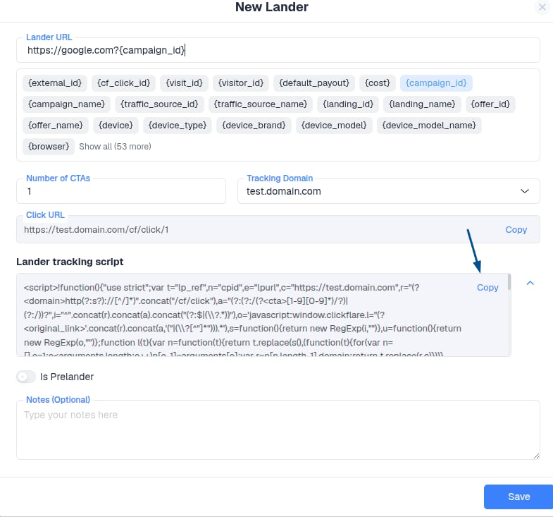 After selecting your tracking domain, copy your ClickFlare lander script and place it on your landing page right before…