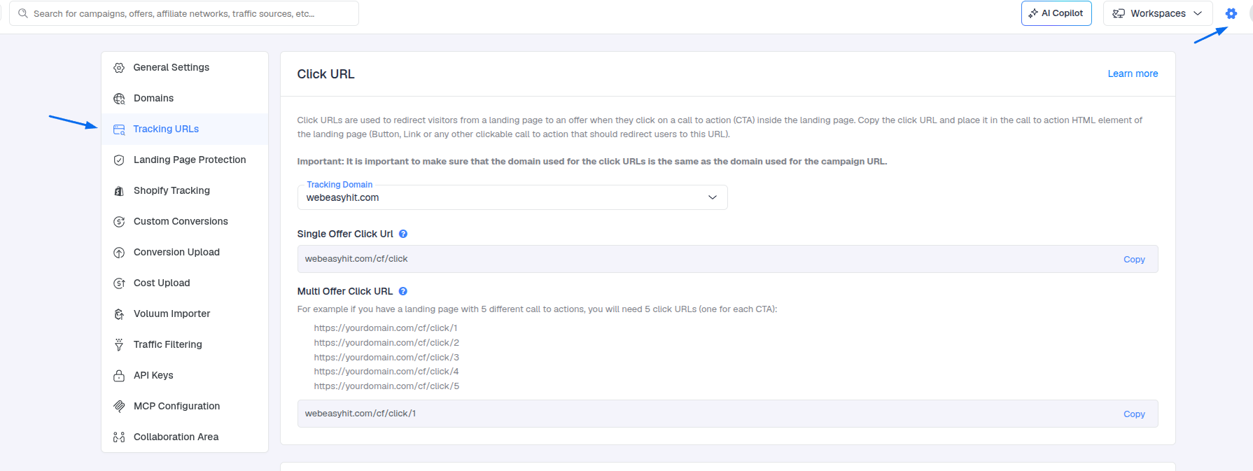 Settings → Tracking URLs