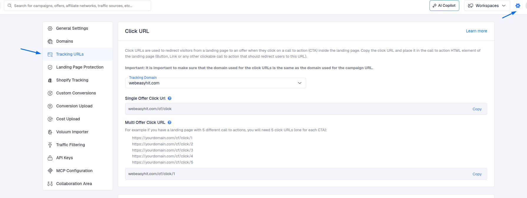 Settings → Tracking URLs