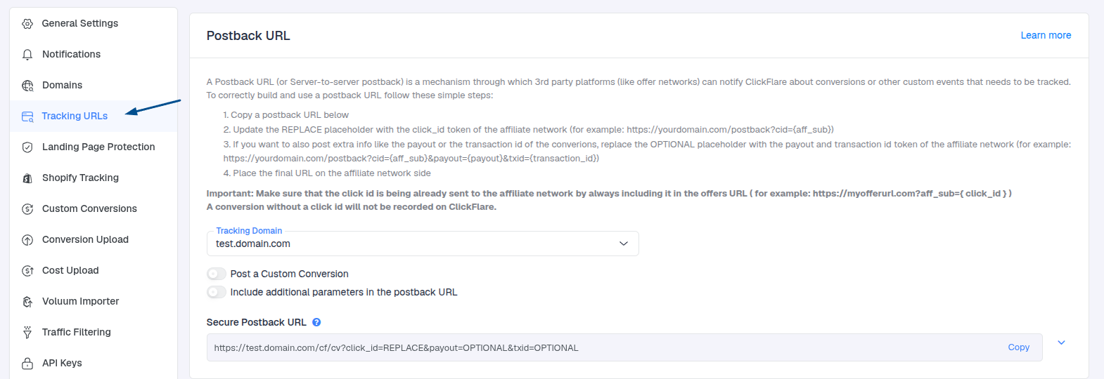 Settings → Tracking URLs (2)