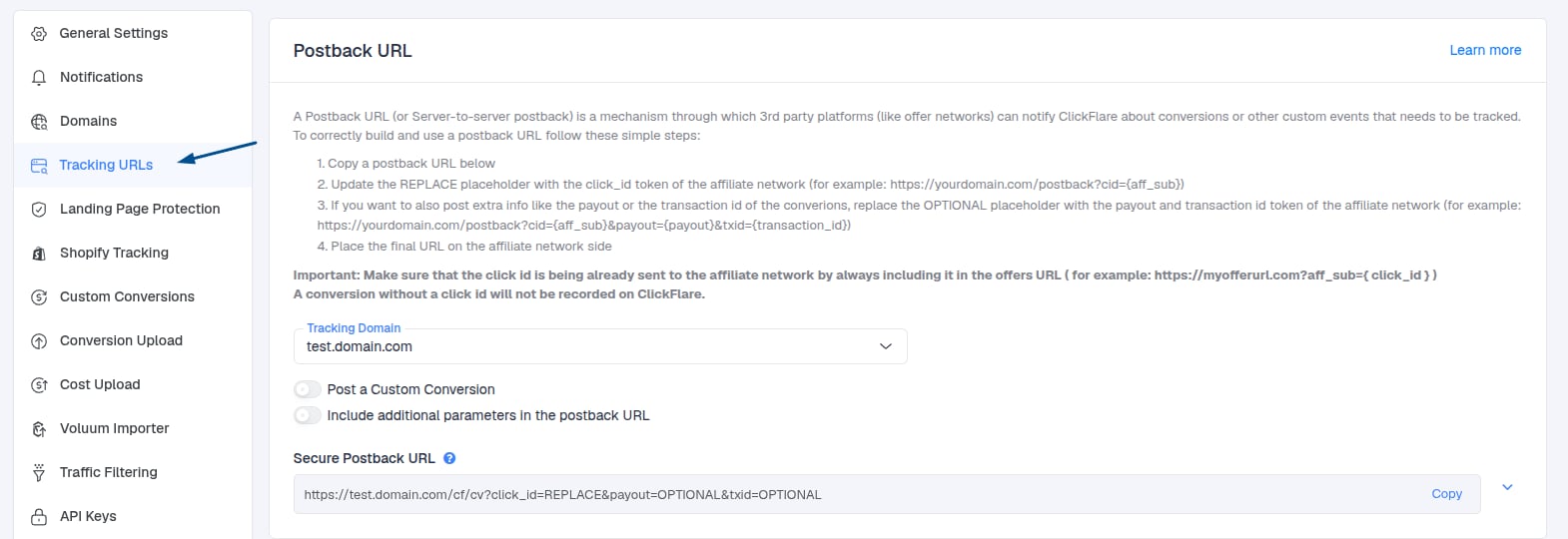 Settings → Tracking URLs (2)