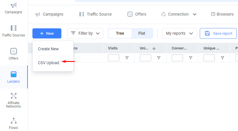 Click + New button, and there you can select the CSV Upload