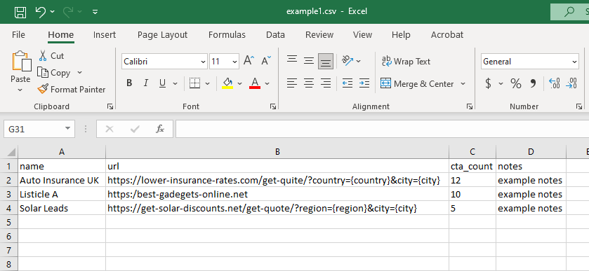 Open the CSV file with your preferred spreadsheet editor, then add the needed information by adding one landing page…