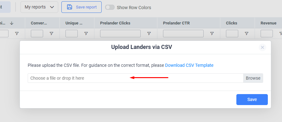 Finish editing your CSV file, save it and then upload it to ClickFlare