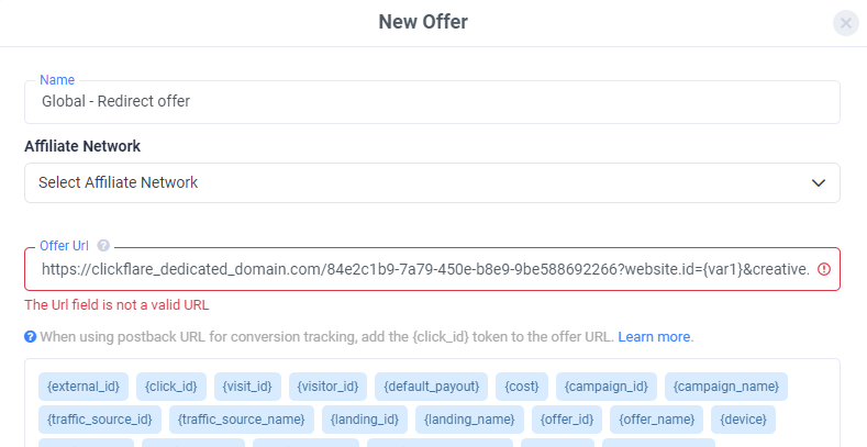 Create an offer that will be your redirect offer. Provide the edited campaign URL as an offer URL