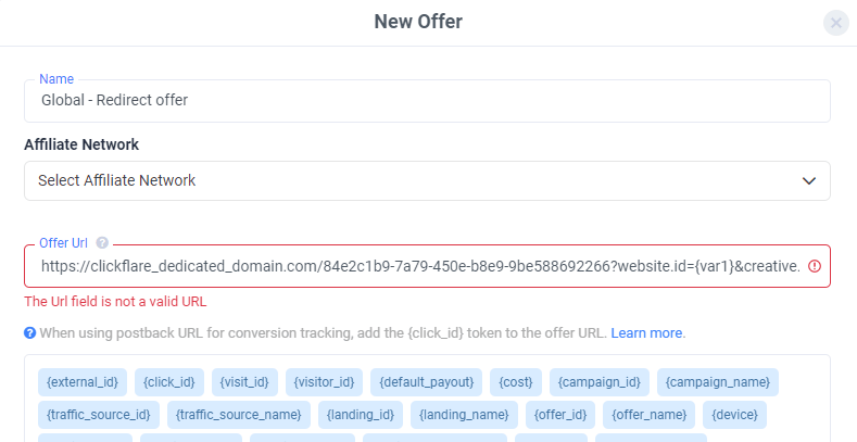 Create an offer that will be your redirect offer. Provide the edited campaign URL as an offer URL