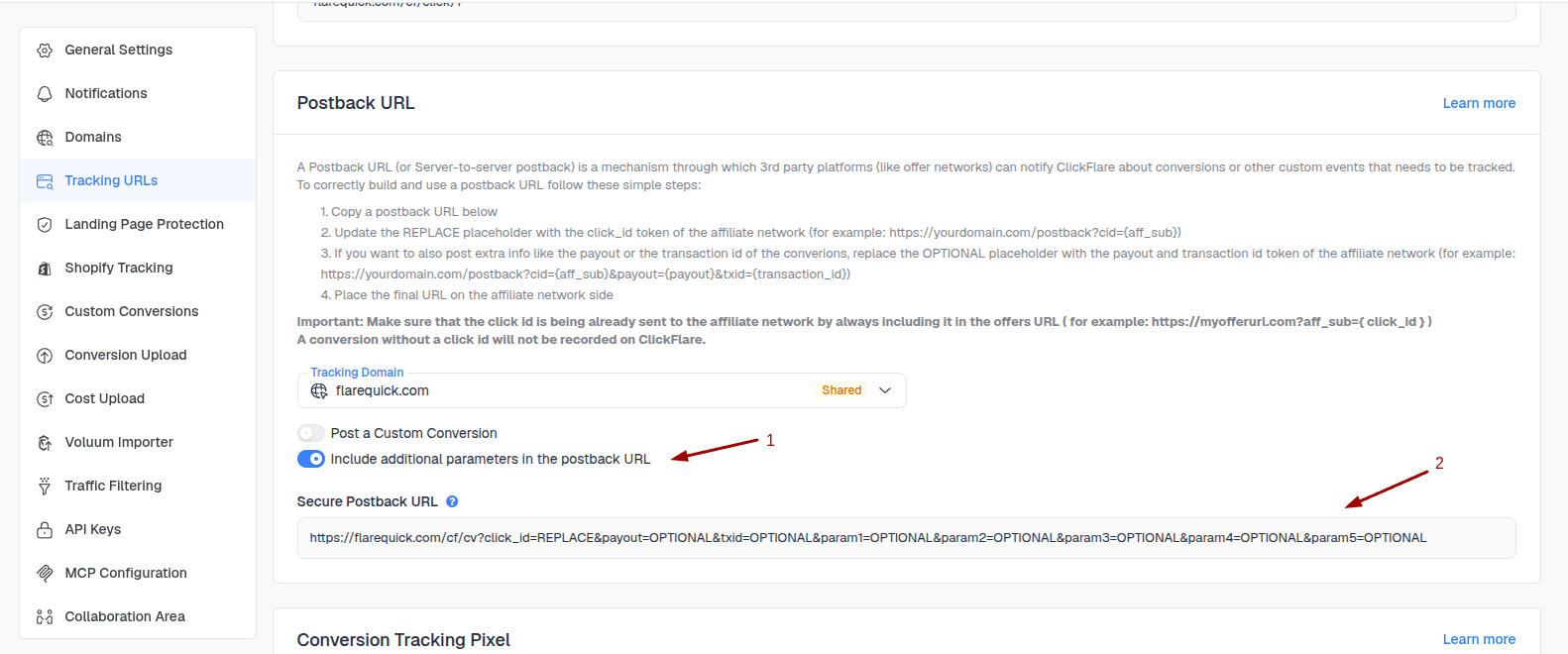 To enable additional parameters, enable the Include additional parameters in the postback URL toggle