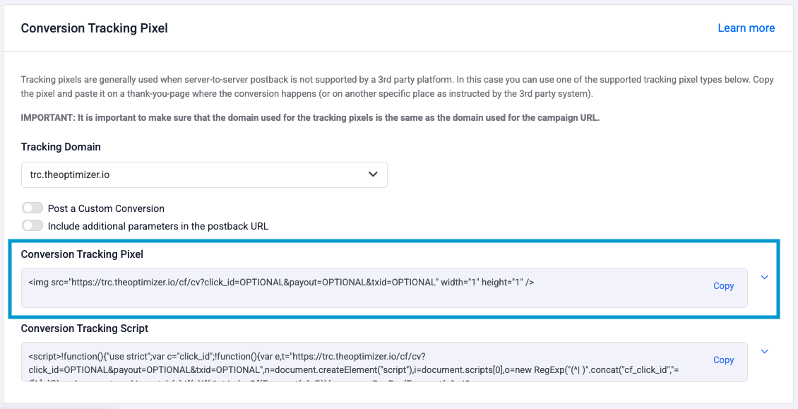 Click Copy to get the conversion tracking pixel URL or script