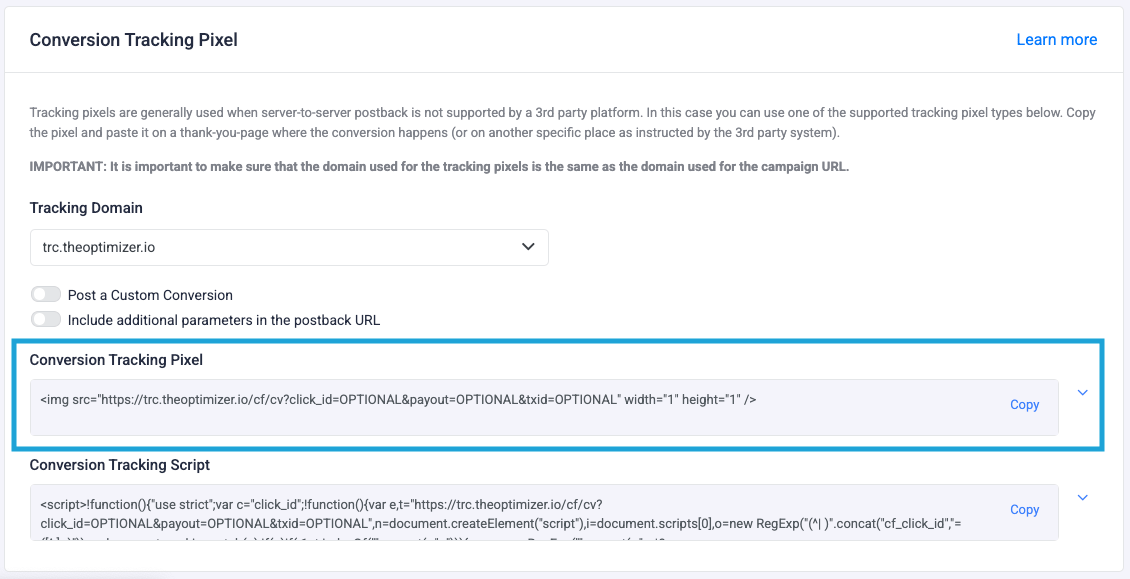 Click Copy to get the conversion tracking pixel URL or script