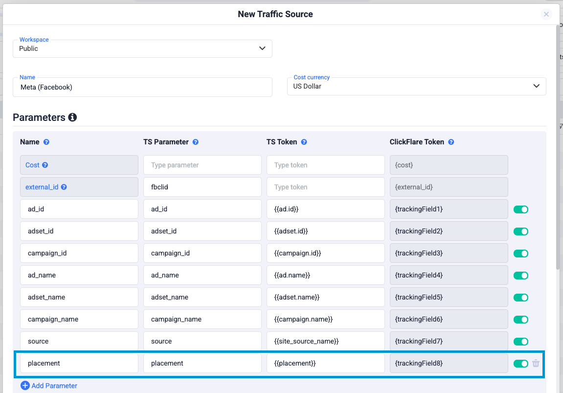 When a user clicks the ad, the traffic source replaces tokens with real values