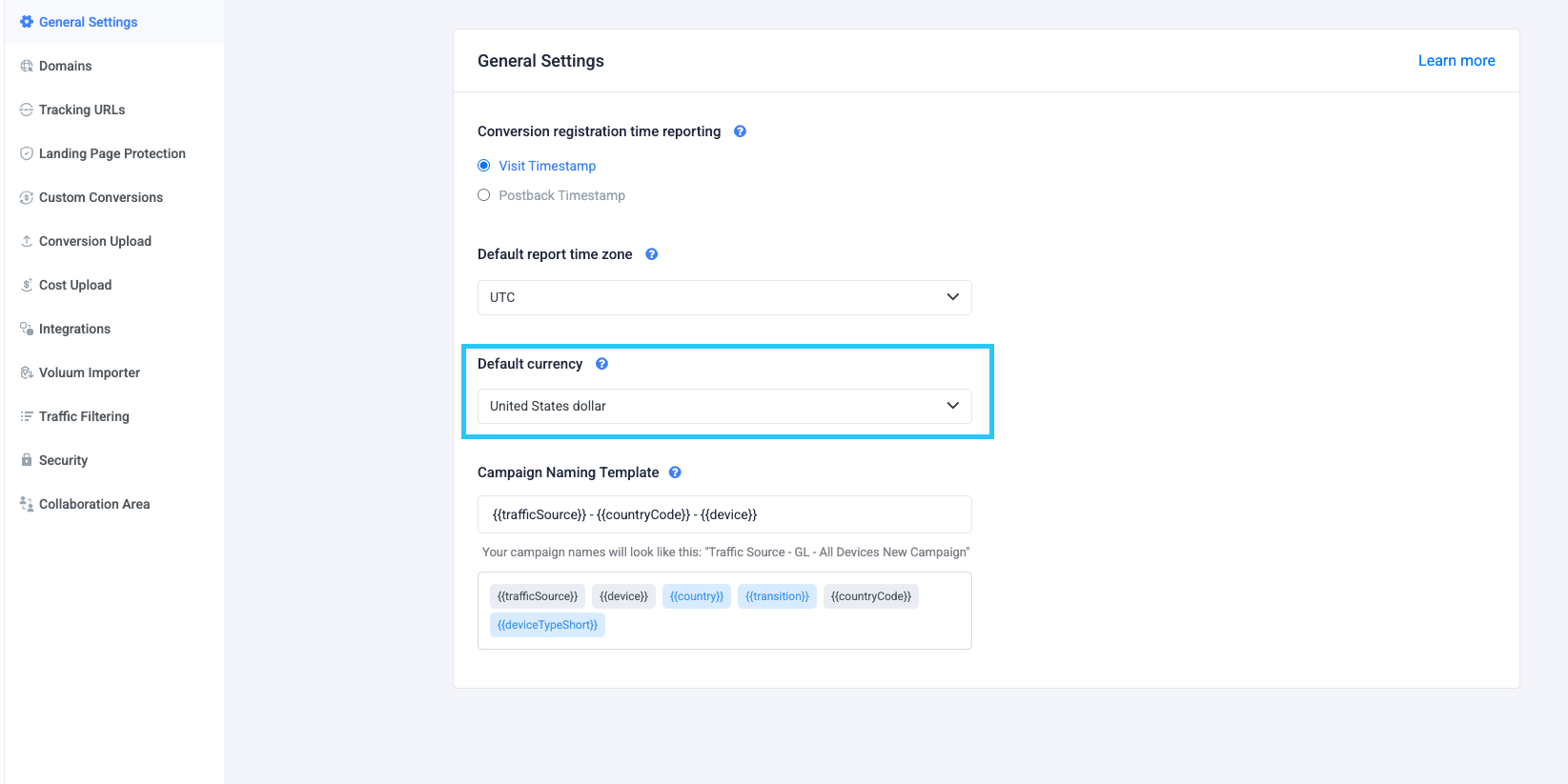 Select a currency from the Default Currency drop-down menu