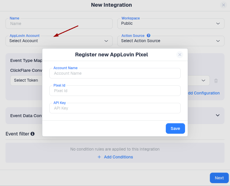 After entering the required information, configure the integration settings according to your tracking setup