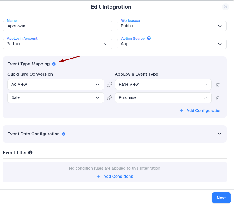 Using the Event Type Mapping, you can map ClickFlare events to the corresponding AppLovin conversion events