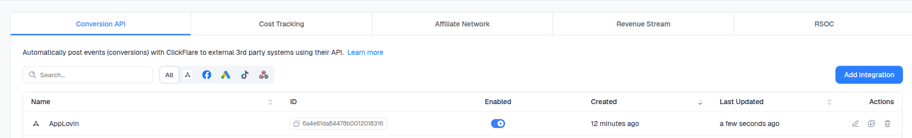 Congratulations, you have successfully configured the AppLovin Conversion API integration in ClickFlare
