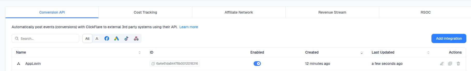 Congratulations, you have successfully configured the AppLovin Conversion API integration in ClickFlare