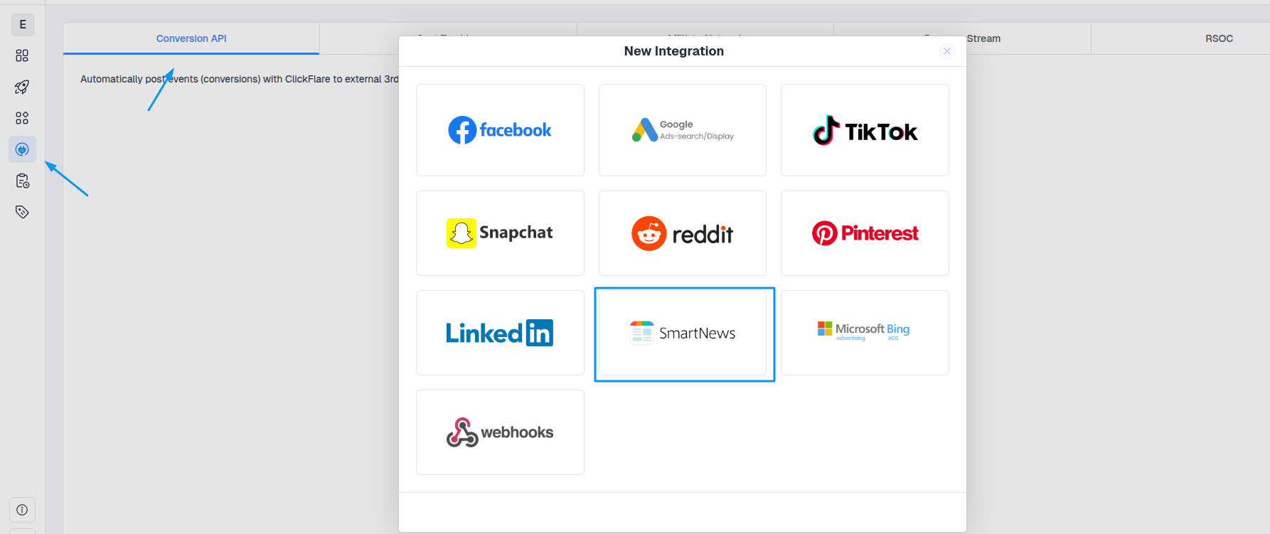 From the list of available integrations, select SmartNews