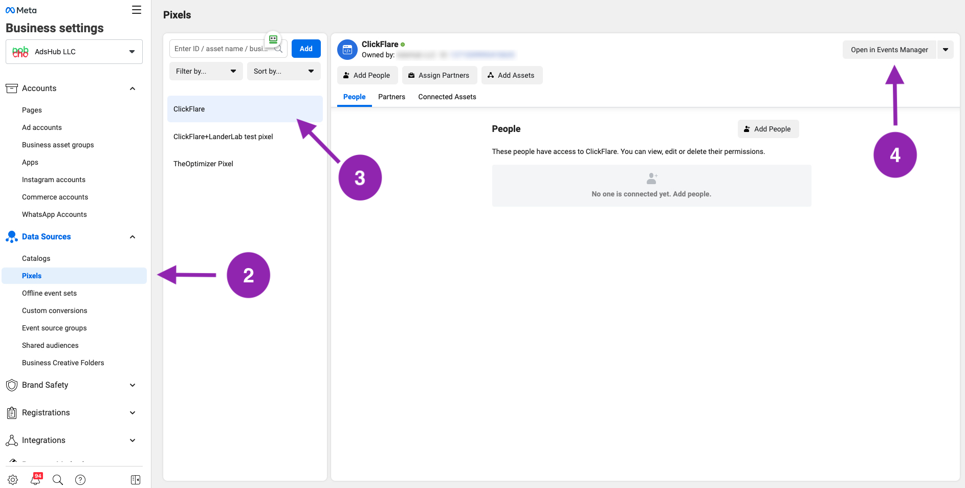 Click on the Open in Events Manager button