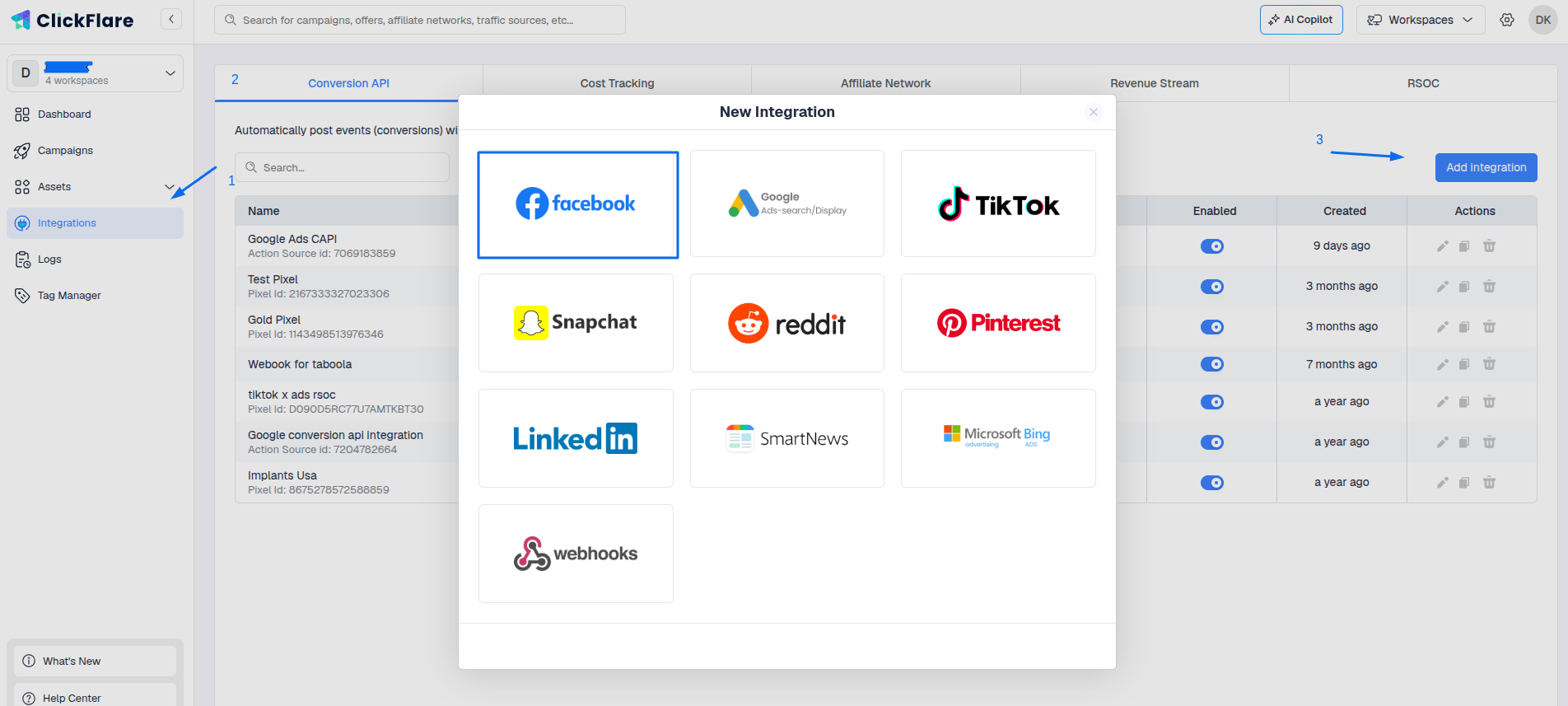 Select Facebook from the list of available integrations