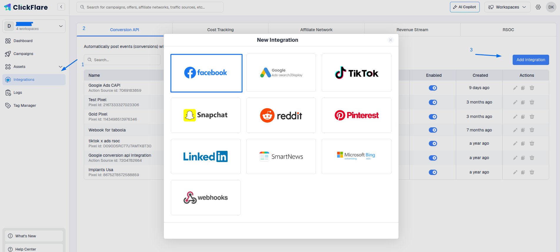 Select Facebook from the list of available integrations