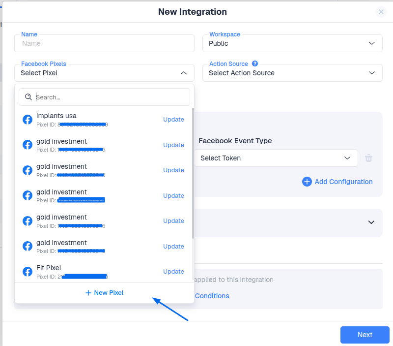 In the integration screen, click on Add a new Pixel