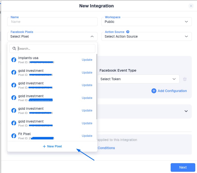 In the integration screen, click on Add a new Pixel