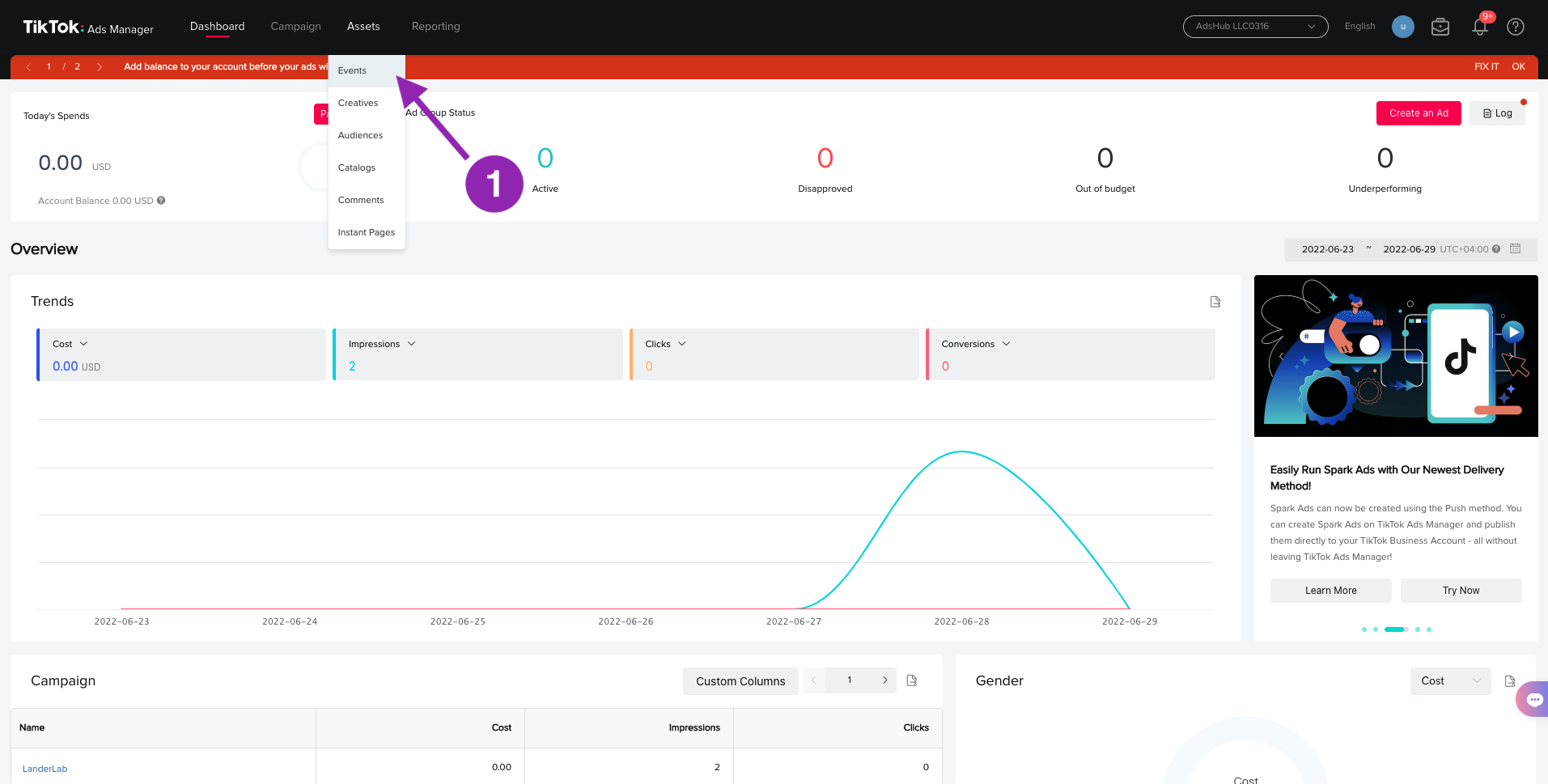 From your TikTok Ads Manager dashboard, under the Assets menu, select Events