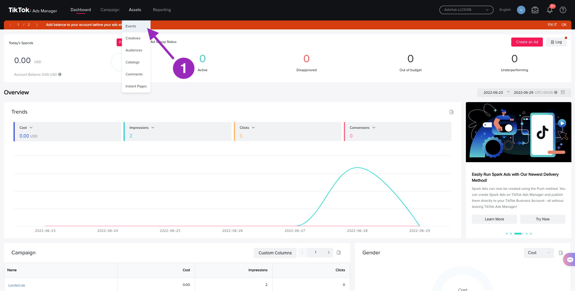 From your TikTok Ads Manager dashboard, under the Assets menu, select Events