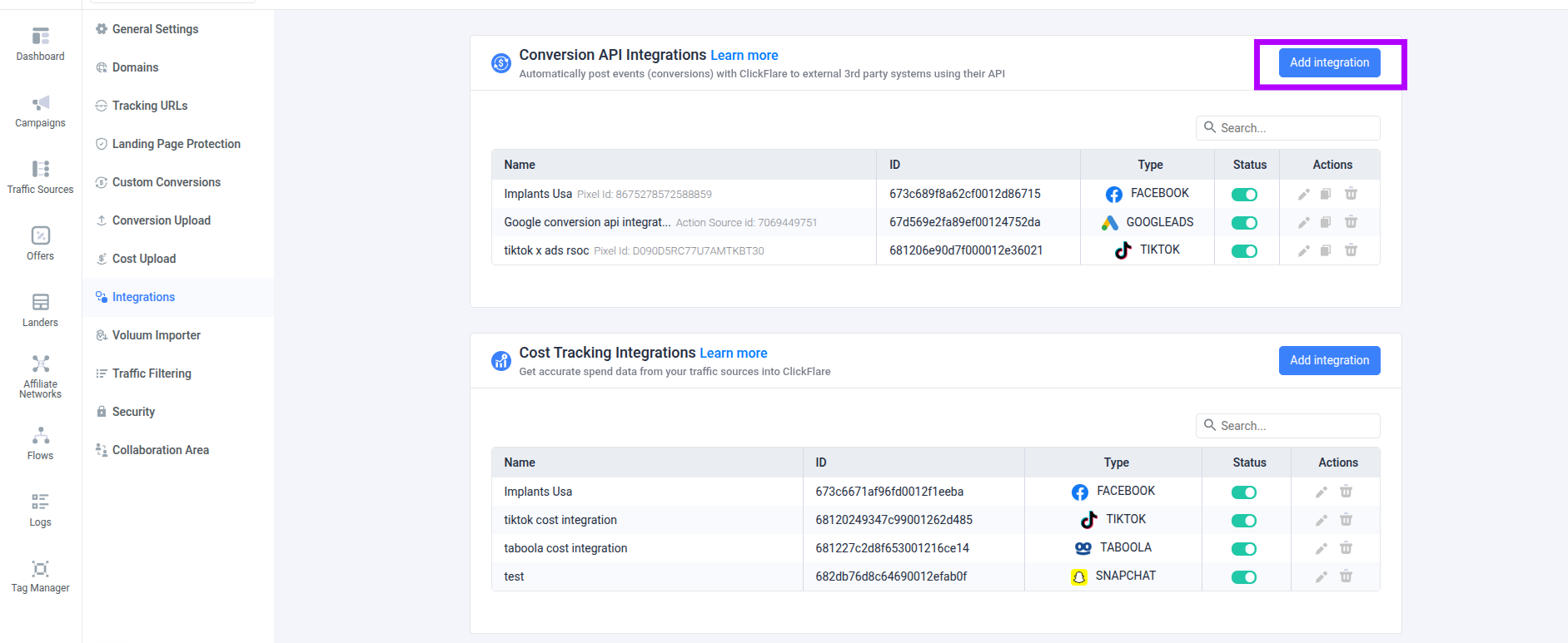 In the Conversion API Integrations section, click on Add Integration