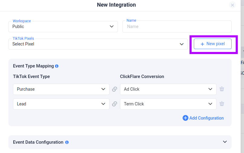 Select the pixel from the dropdown menu. If it's the first time connecting a TT pixel with ClickFlare, click on the Add…