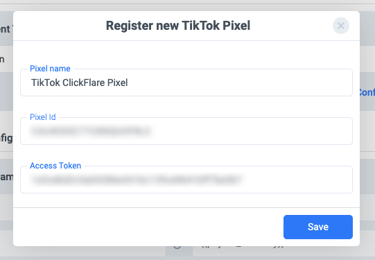 A pop-up window will appear. Give your pixel a name and paste the Pixel ID and Access Token you copied earlier. Lastly…