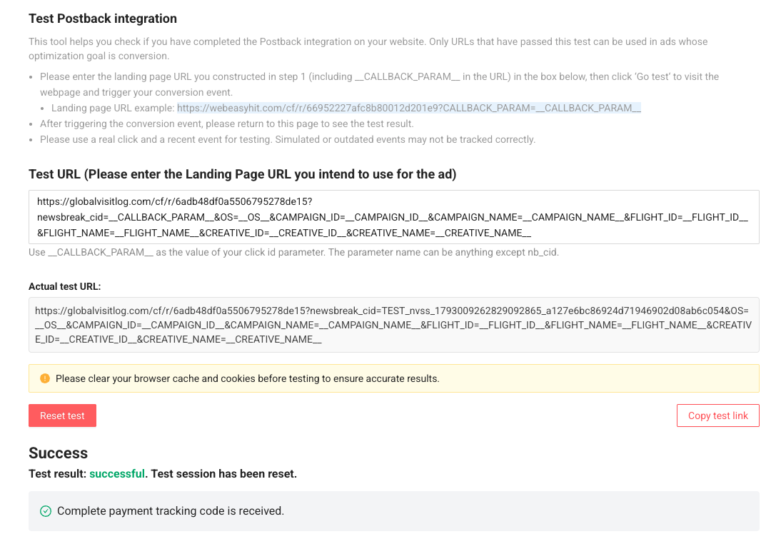 NewsBreak's Test Postback integration with the ClickFlare campaign URL as Test URL and a successful test result