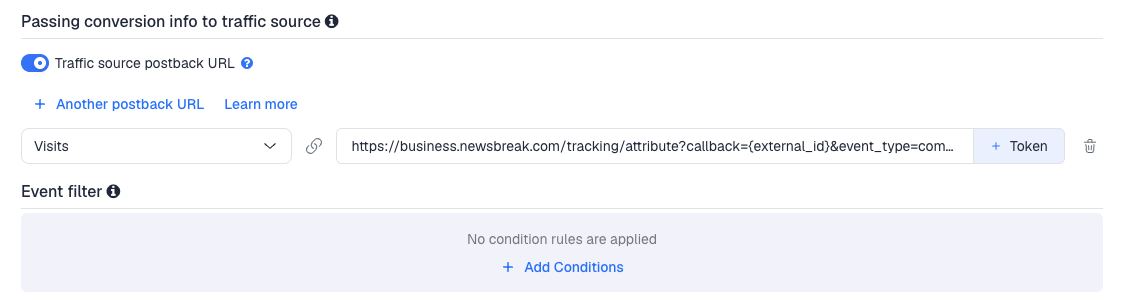 The NewsBreak postback in ClickFlare mapped to Visits for the test