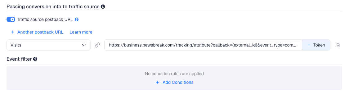 The NewsBreak postback in ClickFlare mapped to Visits for the test