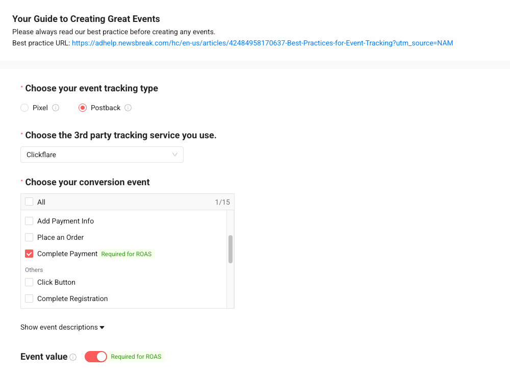 NewsBreak's Create/test web event guide with Postback, ClickFlare, Complete Payment and Event value selected