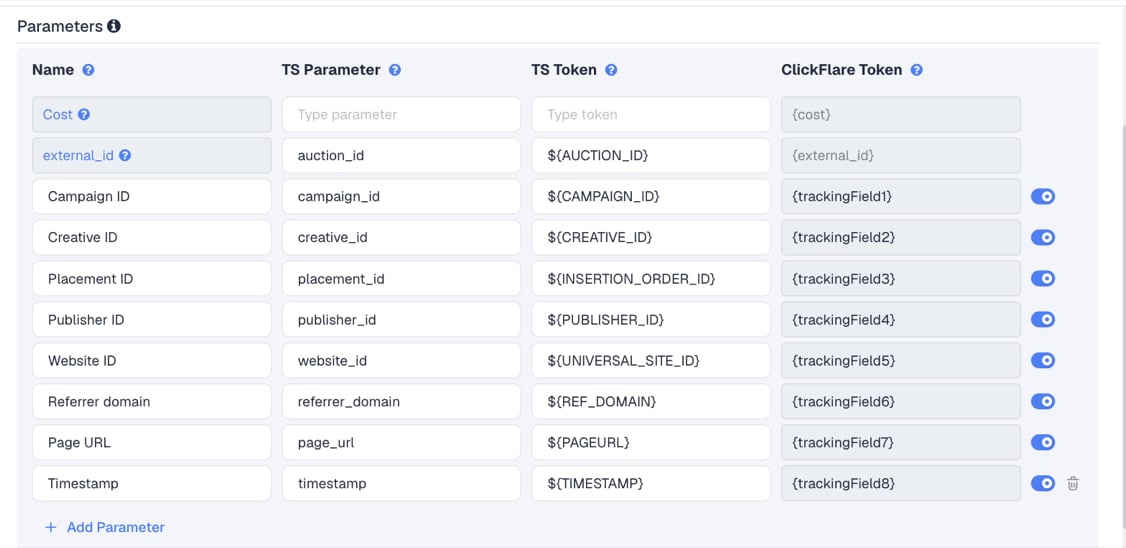 The Admixer template's Parameters table in ClickFlare, with Admixer's macros pre-filled