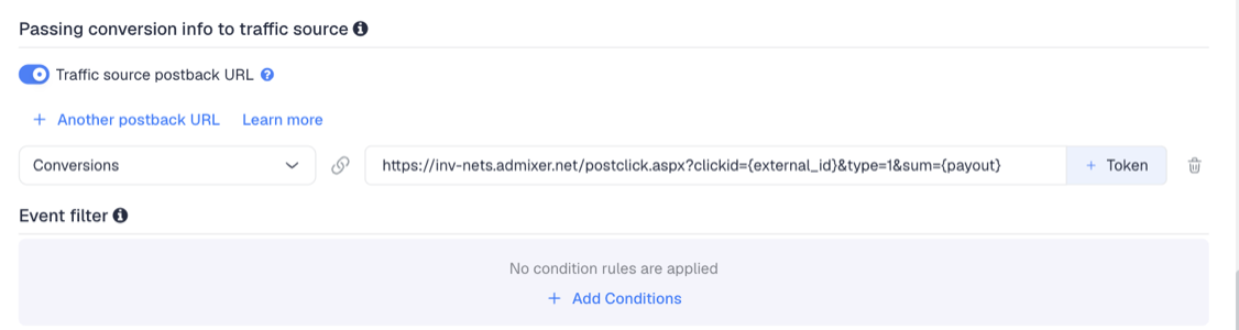 The Traffic source postback URL switched on, showing the Admixer template's postback