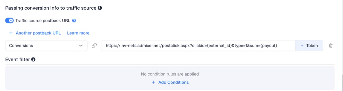 The Traffic source postback URL switched on, showing the Admixer template's postback