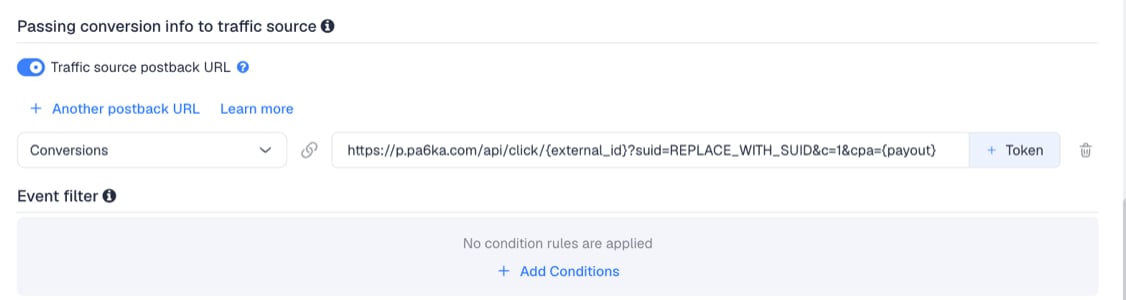 The Traffic source postback URL switched on, showing the AdSpyglass template's postback
