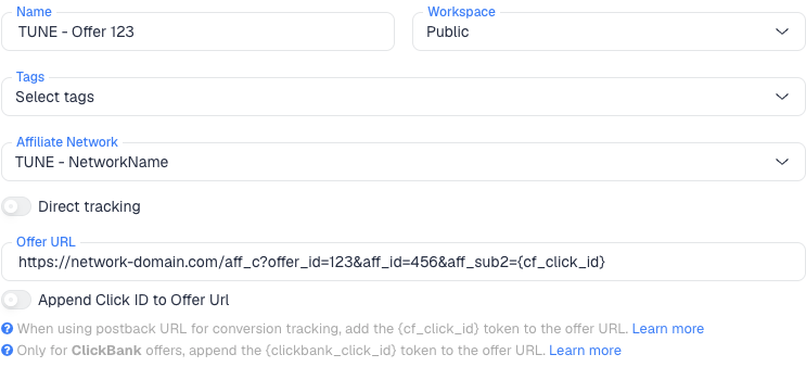 The ClickFlare New Offer form with the TUNE affiliate network selected and aff_sub2={cf_click_id} at the end of the Offer URL